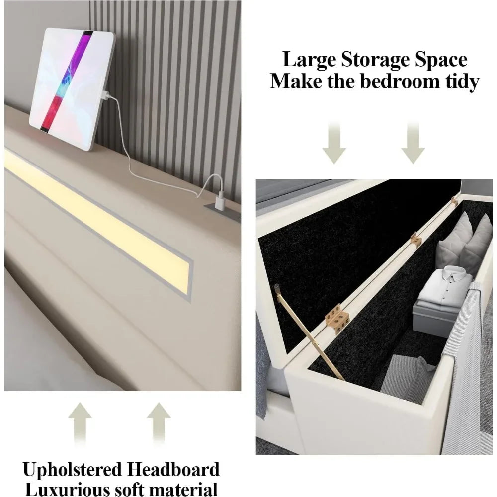 Queen Bed Frame with Ottoman Storage & LED Lights, Upholstered Platform w/ USB Ports, Beige Headboard, Solid Slats