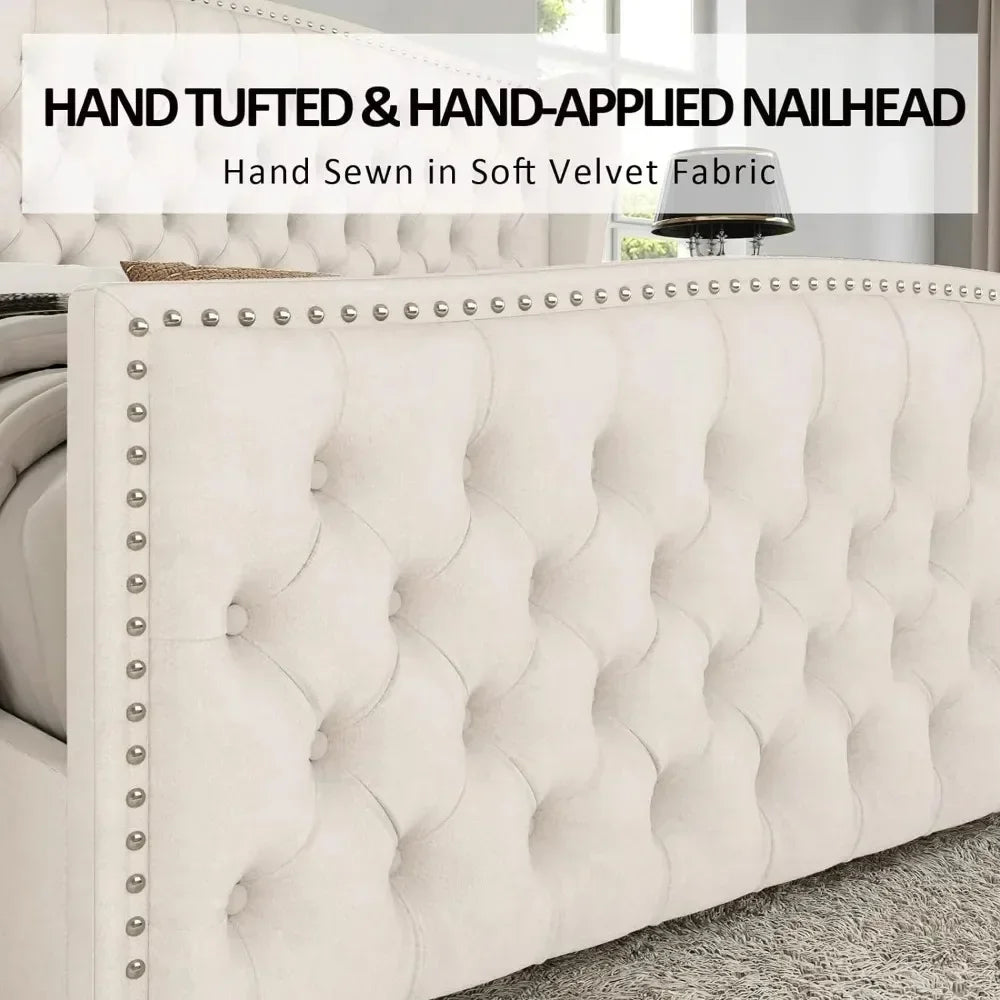 King Bed Frame, Velvet Upholstered Beds with Deep Button Tufted & Nailhead Trim Wingback Headboard/No Box Spring Needed, Bed Frame