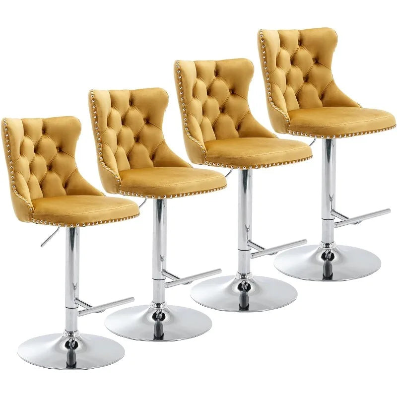 Swivel Bar Stools Set of 4, Adjustable Counter Height Bar stools, Button Tufted Back and Footrest,Velvet.