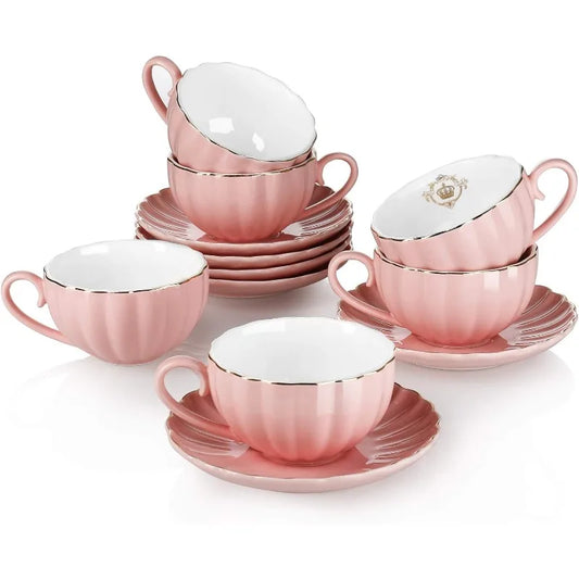 Royal Tea Cups and Saucers, with Gold Trim and Gift Box, British Coffee Cups, Porcelain Tea Set, Set of 6 (8 oz)- Pink