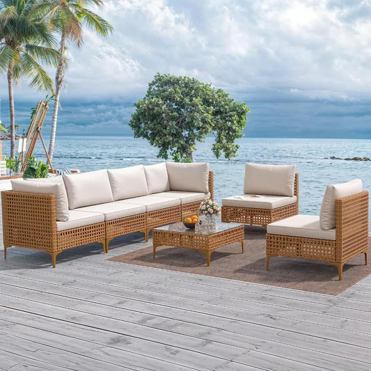 Patio Furniture Set, All-weather PE Wicker Patio Conversation Set, Outdoor Sectional Sofa with Coffee Table and Cushions