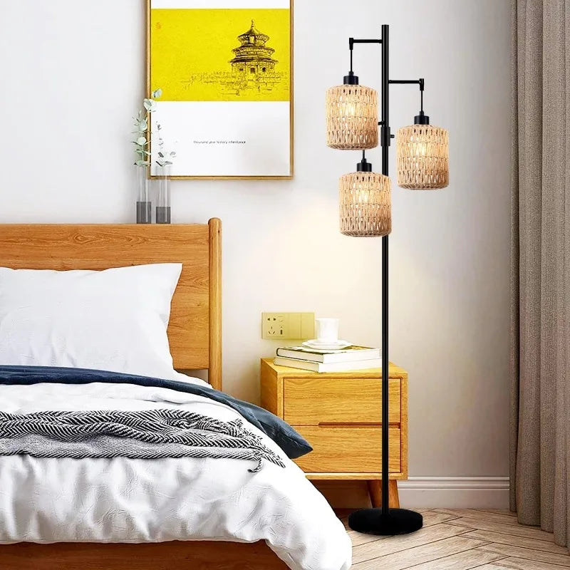 Floor Lamp for Living Room Bedroom Farmhouse Arc Rattan Boho Standing Lamp with Remote Dimmable Black Wicker Bamboo