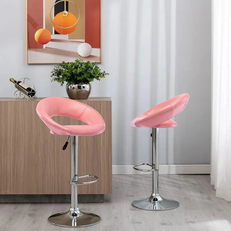 Adjustable Bar Stools, Modern Cute PU Leather Swivel Barstools with Hollow Back, Airlift Counter Height Bar Chairs