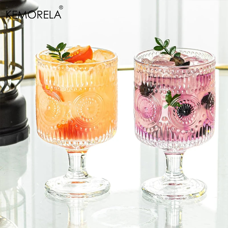 8PCS Romantic Vintage Goblet Glassware Charming Embossed Floral Cocktail Glass Set