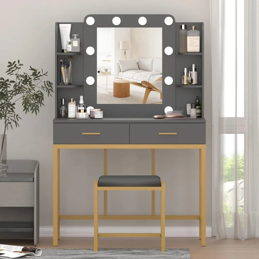 Makeup Vanity with Lighted Mirror, Black Vanity Mirror with Lights and Table Set, Vanity Set with 10 LED,Vanity Desk