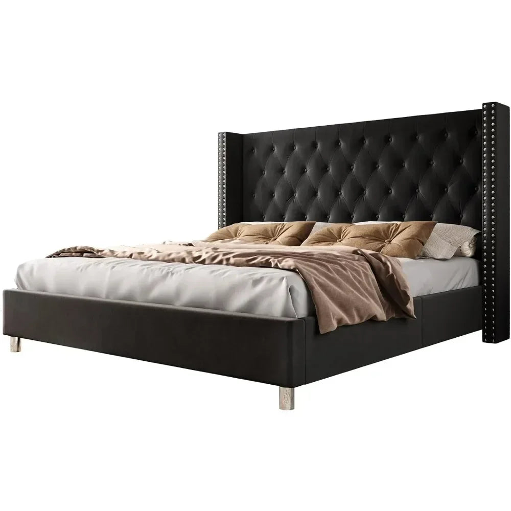 Bed Frame, Upholstered Beds Velvet Low Profile Platform Beds with Raised Wingback Headboard, Bed Frame