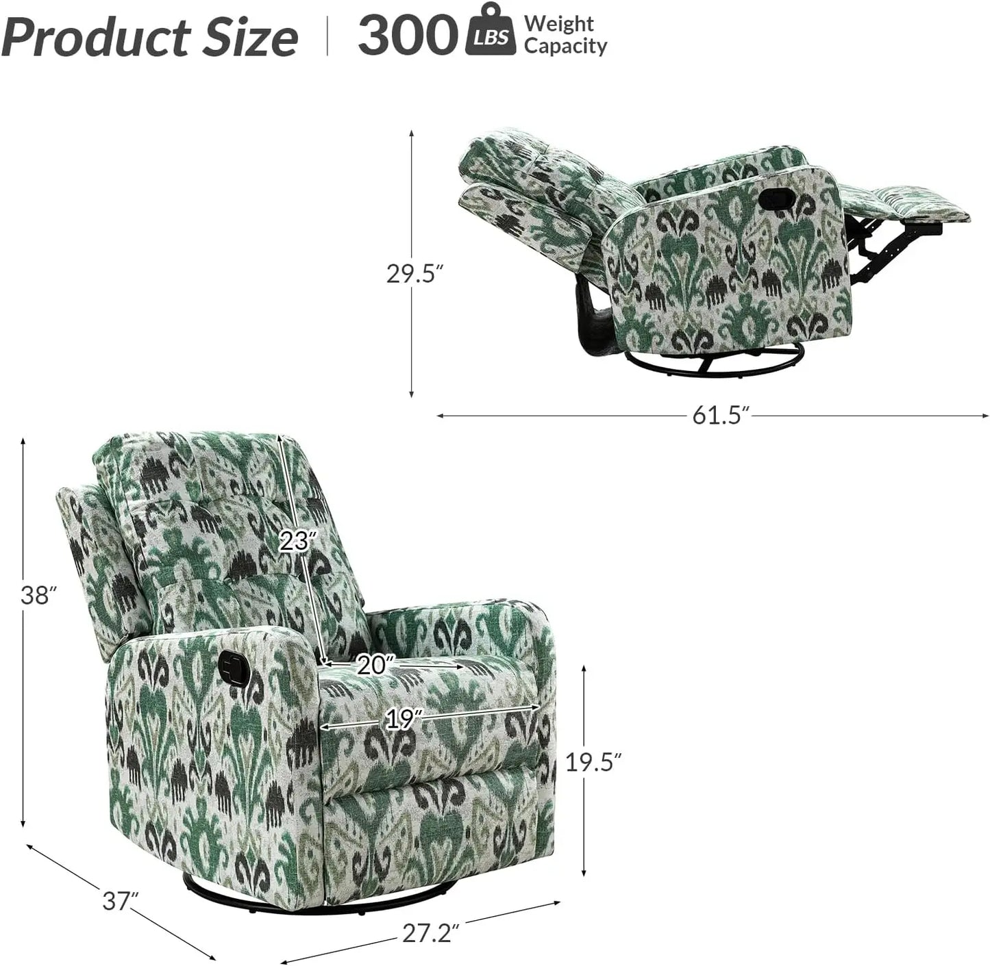 Recliner Chair Modern Printed Fabric for Living Room Wingback Rocker Recliner Sofa Comfy Armchair 360 Degree Swivel