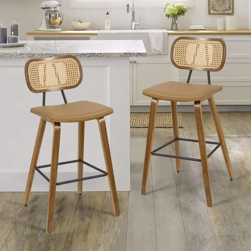 Counter Height Bar Stools Set of 2, Mid Century Modern Counter Stools, 26" Wood Kitchen Stool PU Leather Upholstered Barstool