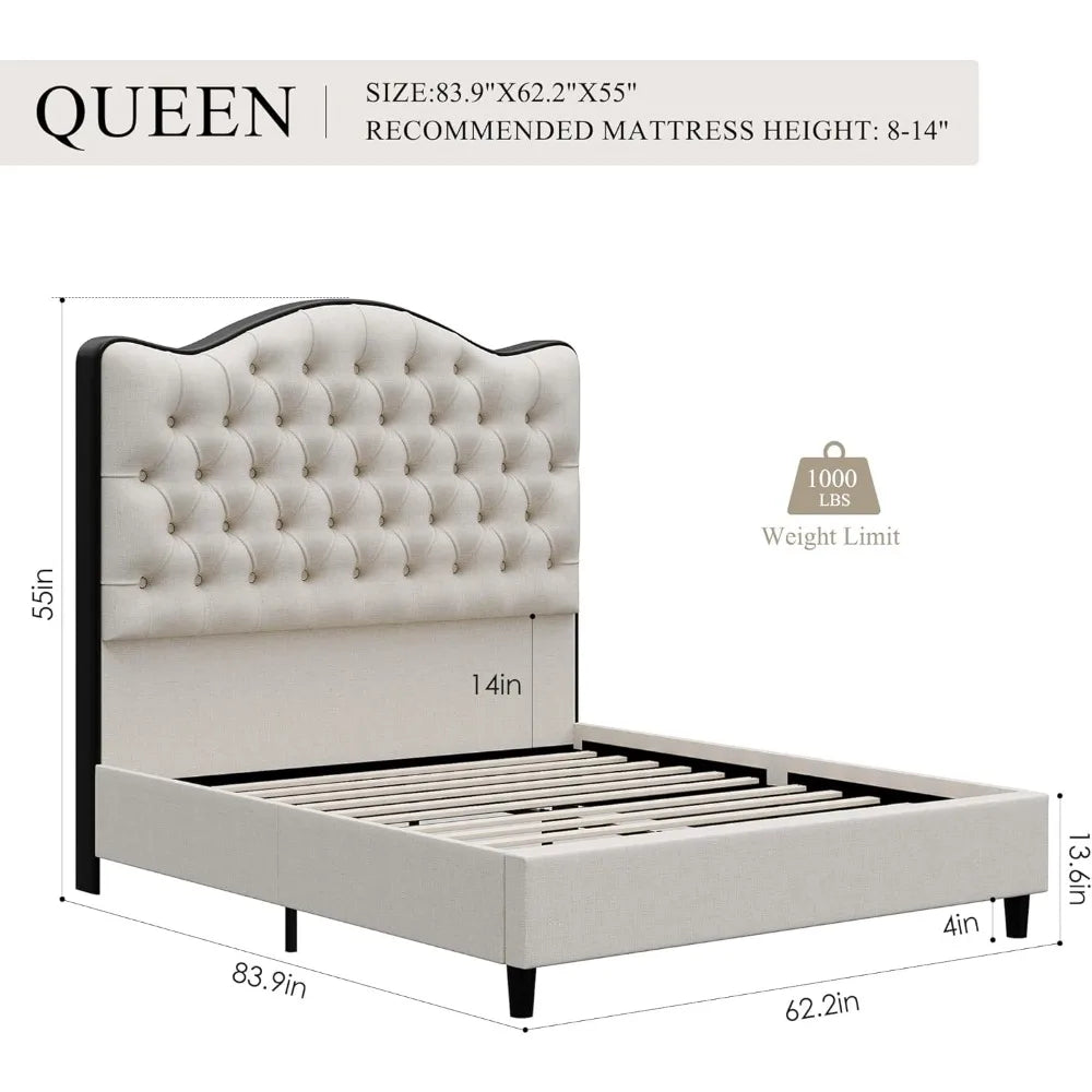 Queen with 55-inch Headboard, Linen Contemporary Upholstery, Metal Frame, No Box Spring Required, Platform Bed Frames