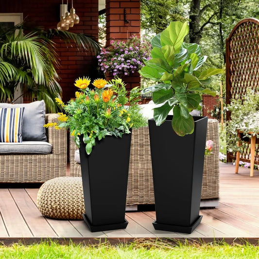 Set of 2 Tall Outdoor Planters 24 Inch, Large Planters for Indoor Outdoor Plants, Tapered Square Flower Pots with Tray for Patio