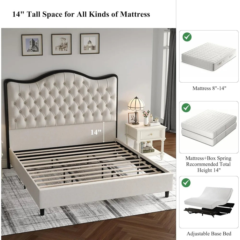 Queen with 55-inch Headboard, Linen Contemporary Upholstery, Metal Frame, No Box Spring Required, Platform Bed Frames