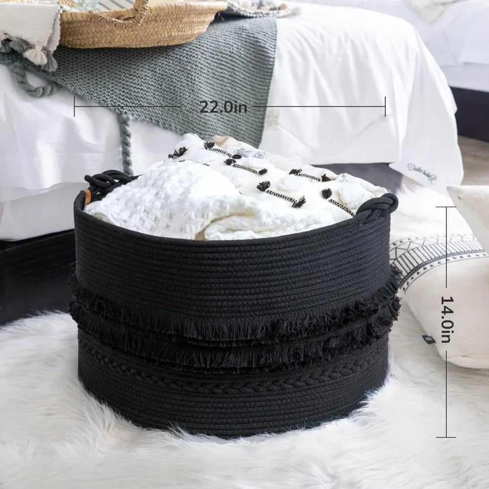 CherryNow Extra Large Black Laundry Basket, Rope Storage Basket Bathroom, Bedroom, Entryway, Big Blanket Basket Pillows