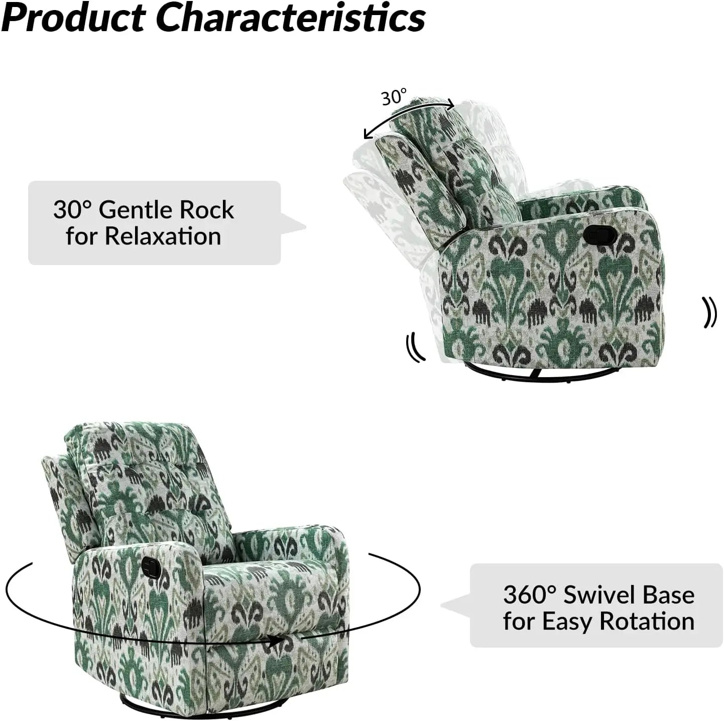 Recliner Chair Modern Printed Fabric for Living Room Wingback Rocker Recliner Sofa Comfy Armchair 360 Degree Swivel