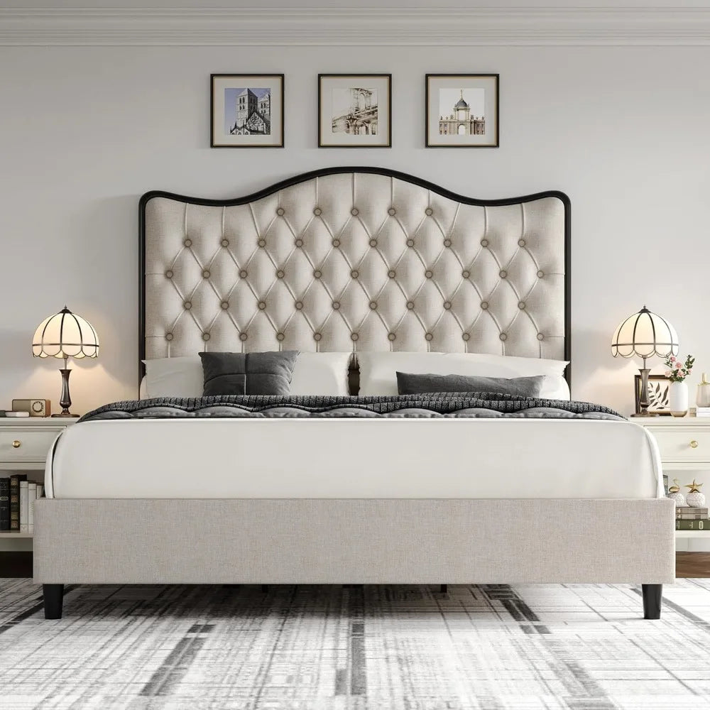 Queen with 55-inch Headboard, Linen Contemporary Upholstery, Metal Frame, No Box Spring Required, Platform Bed Frames