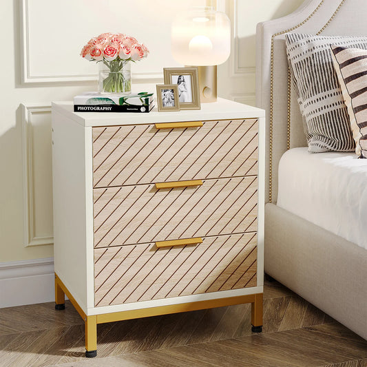 Night Stands for Bedrooms, White and Gold Light Wood Grain Nightstands with 3 Drawers Bedside Tables