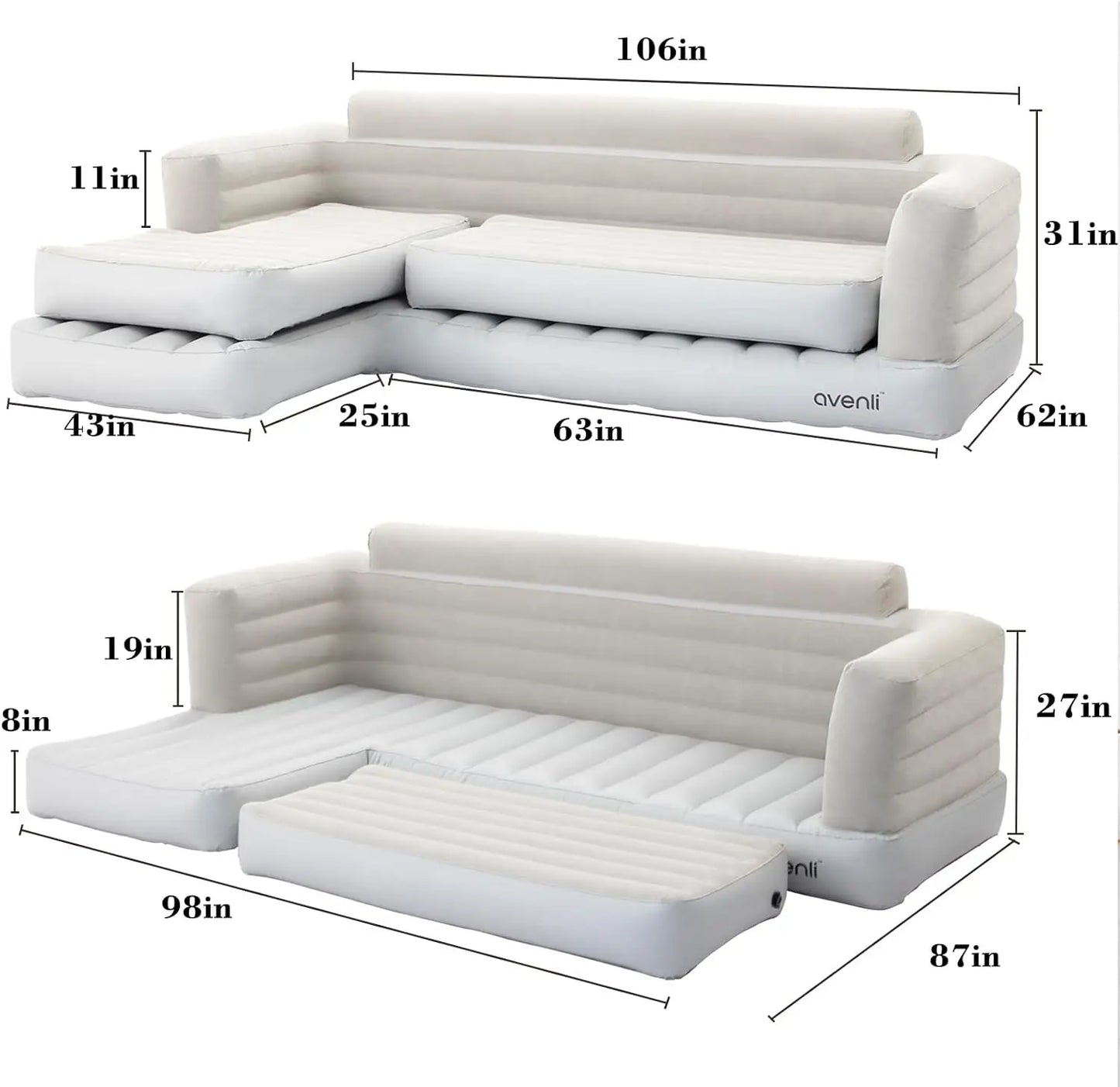 Inflatable Couch Corner Sofa, L-Shaped Sectional Blow Up Couch,White