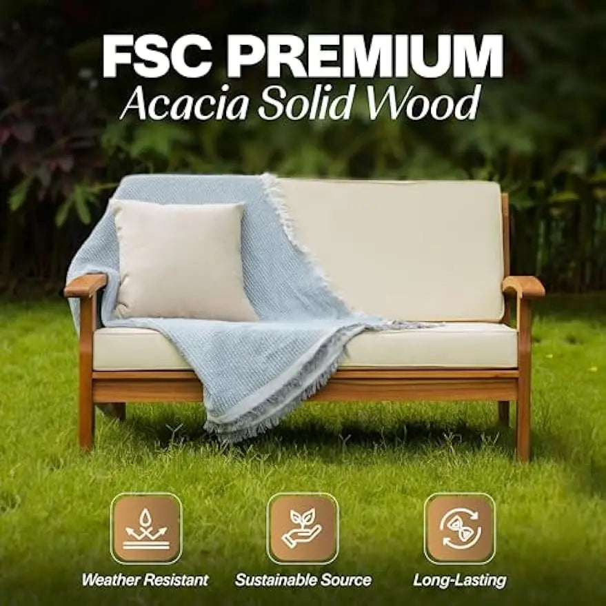 800lbs Laurent 750lbs Capacity Acacia Outdoor Loveseat, FSC Certified 2 Seater Patio Sofa with 3.9in Thick Cushions