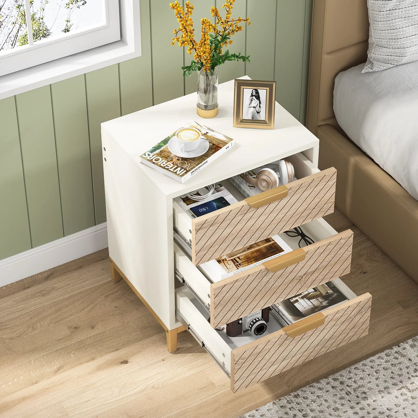 Night Stands for Bedrooms, White and Gold Light Wood Grain Nightstands with 3 Drawers Bedside Tables