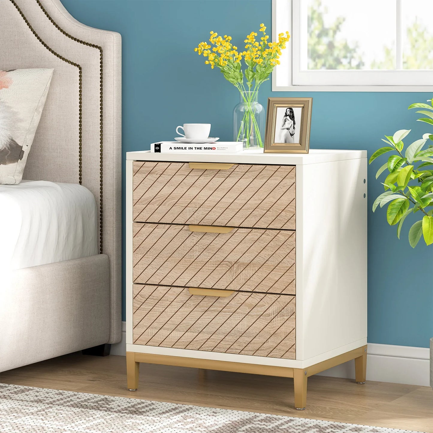 Night Stands for Bedrooms, White and Gold Light Wood Grain Nightstands with 3 Drawers Bedside Tables