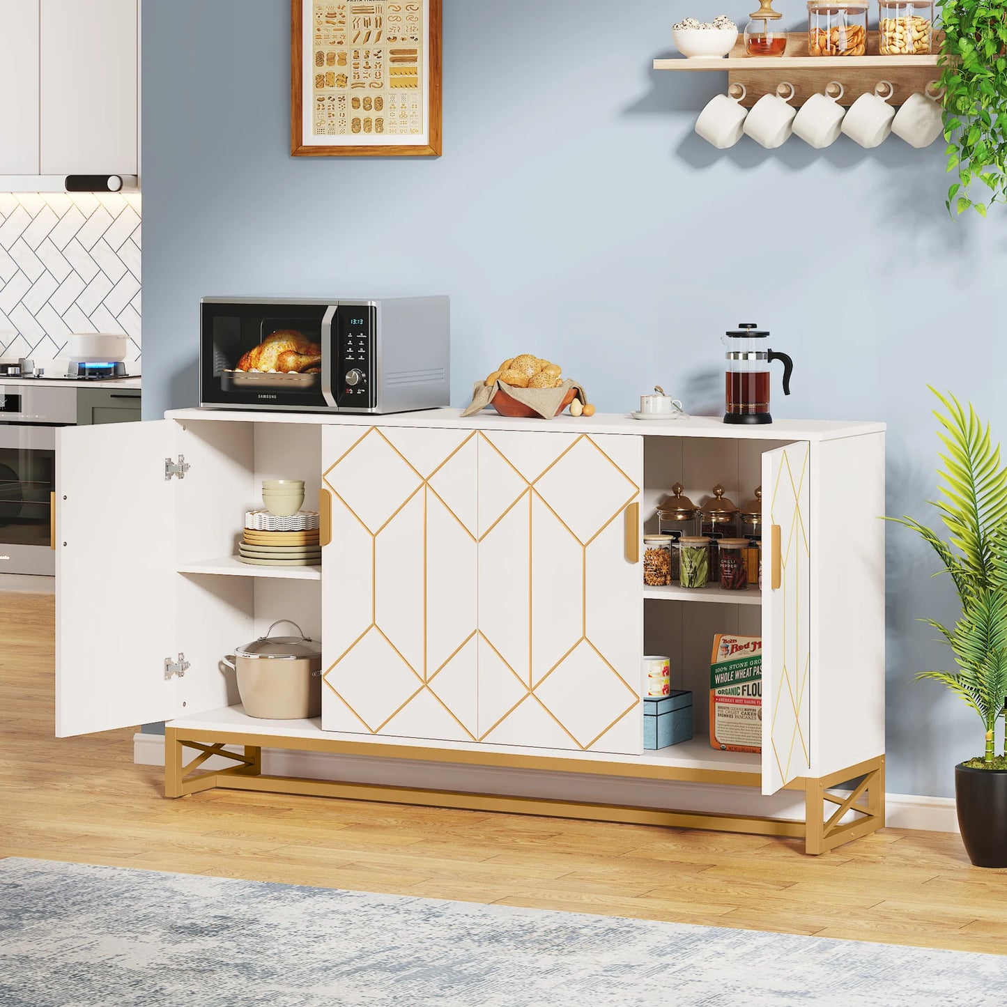 White Gold Buffet Cabinet with Storage Kitchen Sideboard Storage Cabinet